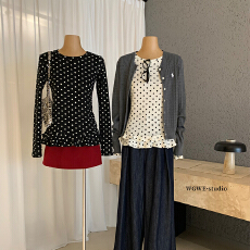 批发美式波点荷叶边长袖<b class='q'>t</b><b class='q'>恤</b>女修身甜辣妹打底衫内搭上衣