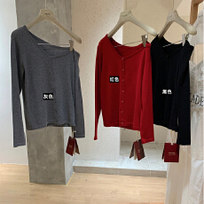 批发美式斜肩<b class='q'>不规则</b>领针织<b class='q'>开衫</b>女毛衣外搭修身辣妹风上衣