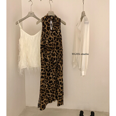 批发法式复古飘带挂脖豹纹<b class='q'>连衣裙女</b>小众气质雪纺印花长裙