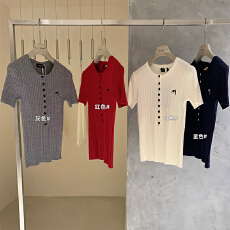 批发亨利领刺绣麻花正肩短袖t恤女<b class='q'>宽松</b>冰丝<b class='q'>针织衫</b>洋气减龄上衣