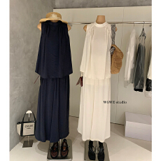 批发休闲套装气质宽松无袖背心衬衫<b class='q'>女</b>垂感高腰阔腿长裤两件套