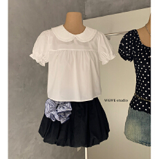 批发甜美娃娃领泡泡袖短款小上衣