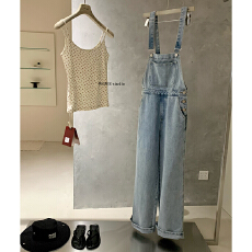 批发复古水洗浅蓝牛仔<b class='q'>背带裤</b> 宽松直筒阔腿<b class='q'>裤</b>