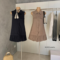 批发韩系赫本风polo领无袖连衣裙女小个子气质工装休闲背心裙