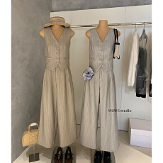 批发老钱风穿搭<b class='q'>棉麻</b>条纹西装马甲配长裤女气质减龄休闲套装