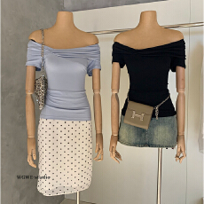 批发狙心定律*韩女欧尼不规则一字肩修身纯欲短袖女薄上衣