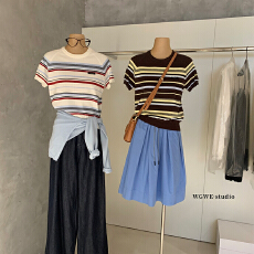 经典复古不规则条纹手工感绣标轻盈插肩针织衫短袖上衣