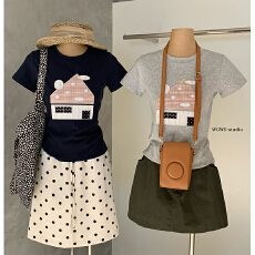 批发韩系ins风童话房子刺绣正肩短袖T恤修身百搭上衣