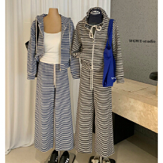 批发气质显瘦设计感慵懒风条纹连帽<b class='q'>卫衣</b>外套+休闲阔腿长裤<b class='q'>套装</b>