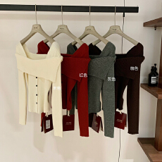 批发法式气质一字领针织衫<b class='q'>时尚</b>修身显瘦打底衫上衣