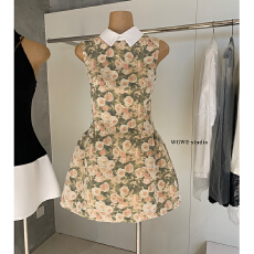 批发玫瑰油画衬衫领无袖<b class='q'>连衣裙</b>千金风蓬蓬<b class='q'>修身</b>收腰背心裙