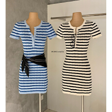 批发纯欲辣妹撞色条纹针织短袖<b class='q'>修身</b>显瘦包臀短裙