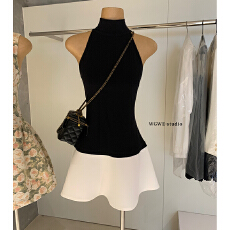 批发法式性感辣妹挂脖无袖<b class='q'>连衣裙</b>女<b class='q'>黑白</b>撞色修身显瘦气质短裙