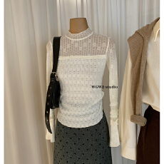 批发<b class='q'>甜美</b>温柔风木耳边半高领镂空针织拼接打底衫显瘦纯欲上衣