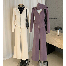 批发双面奥粒绒卫衣拉链修身塑形外套阔腿裤两件套