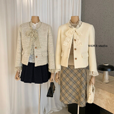 批发含羊毛呢子外套小香风拼接<b class='q'>蕾丝</b>加厚羽绒内胆短款外套