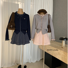 批发韩系木耳边毛衣针织开衫显瘦格纹半裙套装