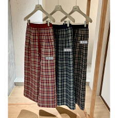 批发撞色腰抽绳可束脚磨毛宽松阔腿三色格子裤