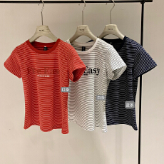 批发辣妹<b class='q'>街头</b>条纹短款上衣美式<b class='q'>街头</b>字母印花ins正肩短袖T恤