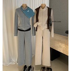 批发翻领<b class='q'>短款</b>修身<b class='q'>卫衣</b>外套+松紧腰阔腿休闲裤套装