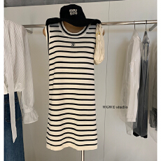 批发圆领<b class='q'>条纹</b>无袖背心连衣裙韩系小个子气质显瘦<b class='q'>短裙</b>