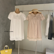 批发气质显瘦乖巧娃娃领镂空蕾丝泡泡袖连衣裙