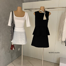 批发赫本风无袖收腰荷叶衣摆背心女<b class='q'>伞</b><b class='q'>裙</b>半身<b class='q'>裙</b>黑色套装