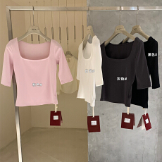 批发方领中<b class='q'>袖</b><b class='q'>t</b><b class='q'>恤</b>女低领修身百搭五分<b class='q'>袖</b>打底衫上衣