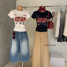 批发美式<b class='q'>运动</b>风印花短款短袖T恤女<b class='q'>修身</b>显瘦百搭休闲上衣