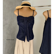 批发小嗲精 <b class='q'>牛仔</b>立体蝴蝶结收腰显瘦吊带上衣