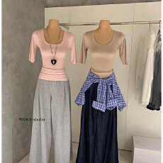 批发U领<b class='q'>中袖</b>上衣女修身高弹正肩设计内搭打底衫辣妹T恤