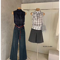 批发复古三角围巾背心女宽松显瘦格纹上衣气质收腰无袖T恤