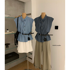 批发清爽条纹牛仔衬衫小飞袖穿搭通勤收腰上衣