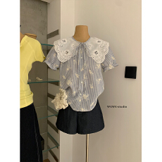 批发法式复古娃娃领衬衫女蓝白条纹刺绣泡泡袖短袖上衣