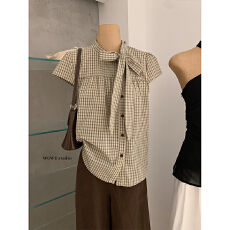 批发复古格纹立领系带短袖<b class='q'>衬衫</b>女显瘦小众小飞飞袖娃娃衫