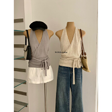 批发挂脖衫不规则<b class='q'>无袖</b>挂脖收腰系带休闲针织背心