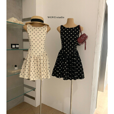 批发高级感法式波点撞色<b class='q'>蝴蝶结</b>装饰无袖<b class='q'>连衣裙</b>A字裙