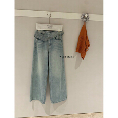 批发设计感可拆卸屁帘牛仔<b class='q'>阔腿裤</b><b class='q'>高腰</b>休闲直筒裤女宽松