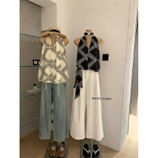 批发设计感格子无袖衬衫背心女高级法式V领<b class='q'>宽松</b>吊带上衣