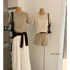 批发韩系亚麻针织短袖慵懒松弛感上衣