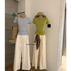 批发细腻软糯正肩圆领<b class='q'>短袖</b>T恤<b class='q'>修身</b>显瘦百搭短上衣