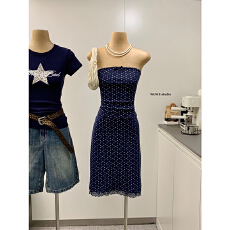 批发藏青色短款抹胸<b class='q'>背心</b>垂感半身裙套装