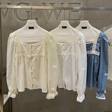 批发莱赛尔复古重工蕾丝拼接设计感衬衫韩系方领娃娃衫