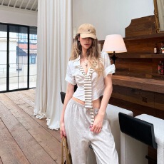 批发PrettyDragon假两件常春藤风老钱亚麻短袖<b class='q'>衬衫</b>条纹撞色修身短上衣