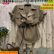 批发夏季新款港风工装双排扣牛仔<b class='q'>连衣裙</b>女高腰显瘦收腰酷飒西装领短裙