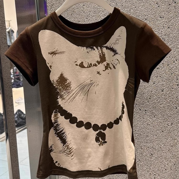 올해 인기 ~ 중 여성 의류 맨위 패션 외국 가스 한 부서 chic Chic 디자인 센스 고양이 긍정적 인 어깨 반팔 티셔츠