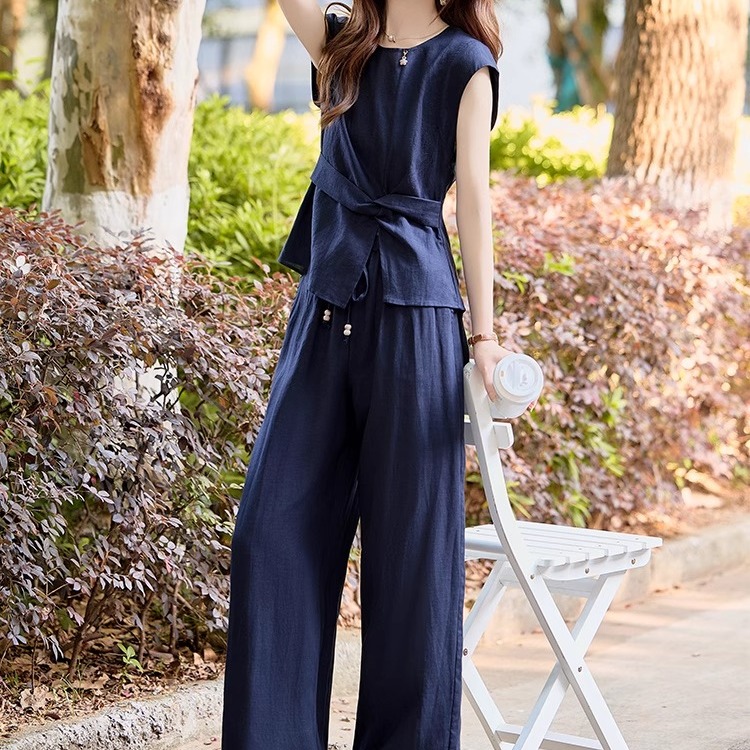 아마 패션 세트 여성 2025 여름 새로운 디자인 센스 민소매 맨위 하이웨이스트 와이드 레그 팬츠 슬림해 보이는 투피스 세트