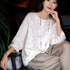 批发2026春季一生浮梦流光小衫国风丝棉提花缎老钱宽松上衣女双面可穿