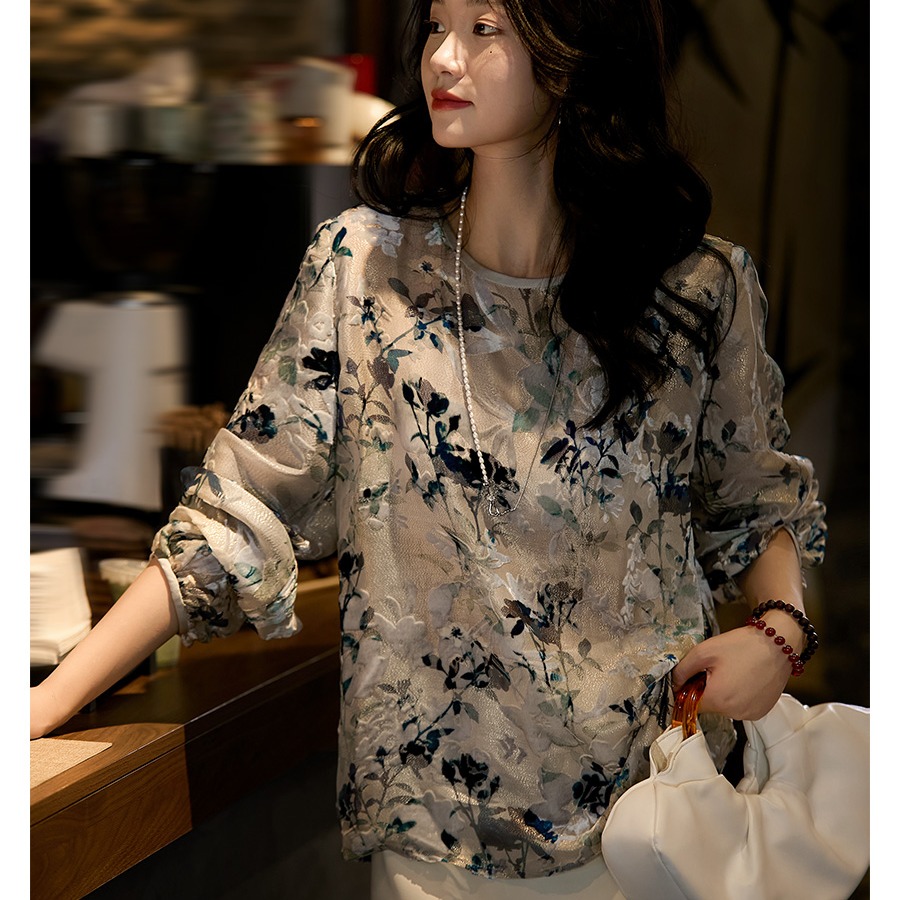 떨어지는 꽃 문자열 외부 비 골드 선 벨벳 썩은 꽃 실크 작은 셔츠 무거운 작업 루즈핏 라운드 넥 블라우스 맨위 여성 새로운 2026