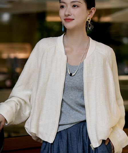 어디서? 어디서? 보존 스타 모래 흐름 구름 재킷 광택 실 아마 야구 스타일 칼라 꽃밭 진자 루즈핏 2026 봄
